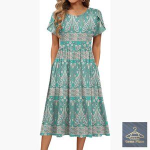 Summer Midi Dress with Pockets Floral Print A-Line Casual T-Shirt Style
